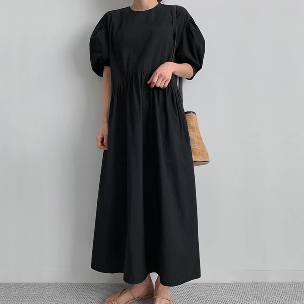 レディースワンピース ロング丈 半袖 パフスリーブ 無地 フレアスカート Aライン クルーネック ラウンドネック ウエストマーク ハイウエスト ギャザー タック ドレス 夏 大人可愛い 大人女子 6,421円