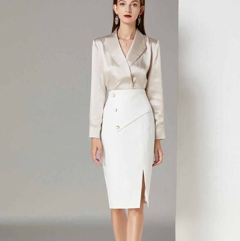 トップス スカート ボトムス シャツ ブラウス タイトスカート 膝丈 ひざ丈 膝下 ロング丈 袖あり 長袖 Vネック 襟付き タイト 細身 スリット ハイウエスト 前開き 薄手 上下セット 2点セット