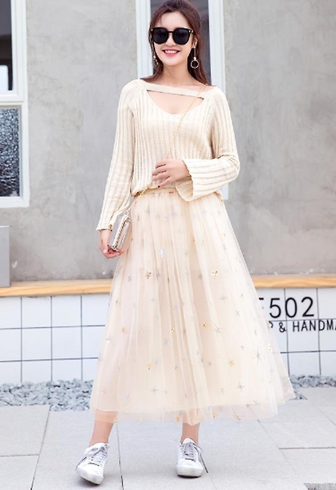 3353.キラキラ星柄刺繍チュールスカート（ベージュ）2019春夏 sale ボトムス フリル 美ライン おしゃれ カジュアル 大人ガーリー ハイウェスト きれいめ スカート お出かけ お呼ばれ 女子