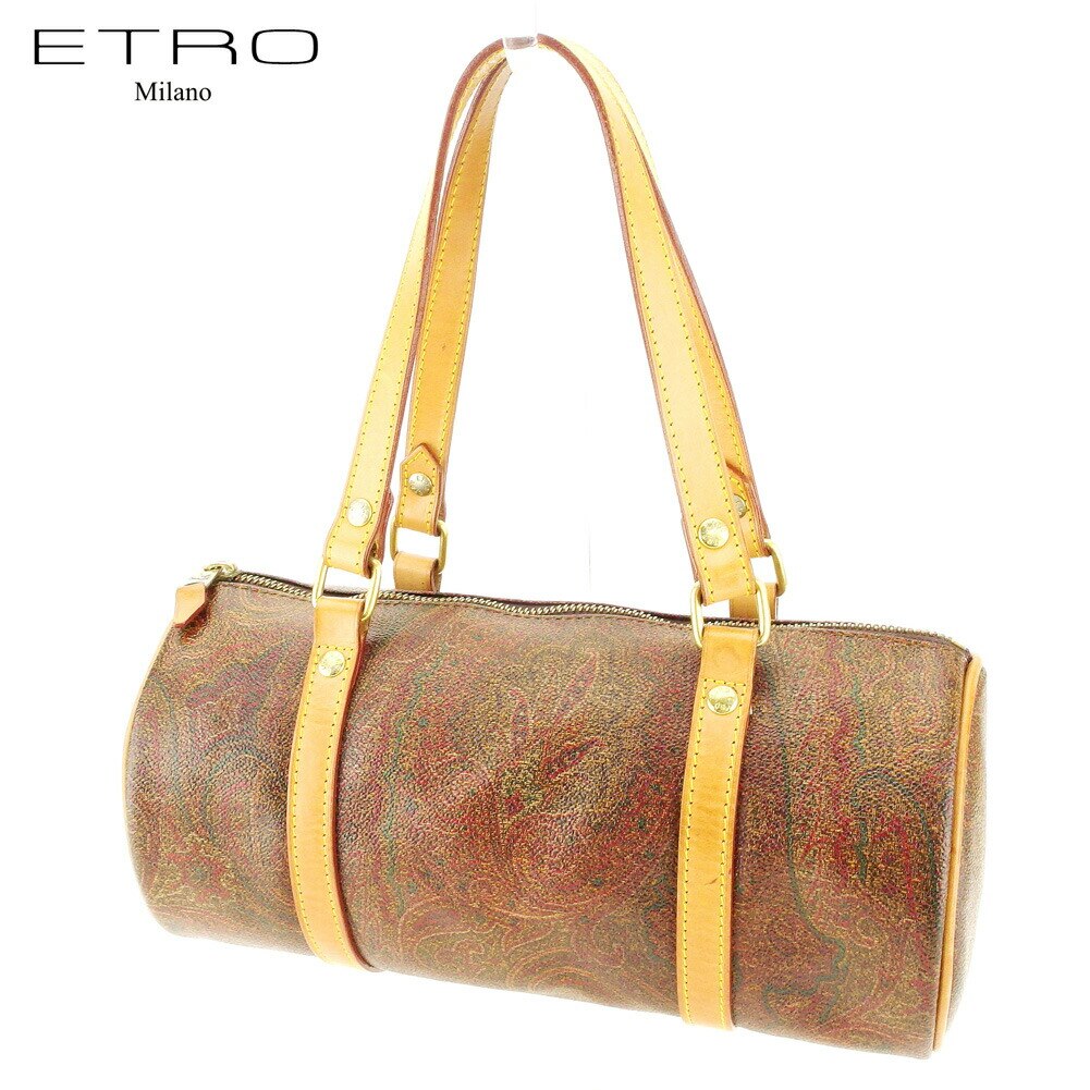 ハンドバッグ 筒型バッグ ミニボストンバッグ ペイズリー ブラウン系 ベージュ ゴールド 中古