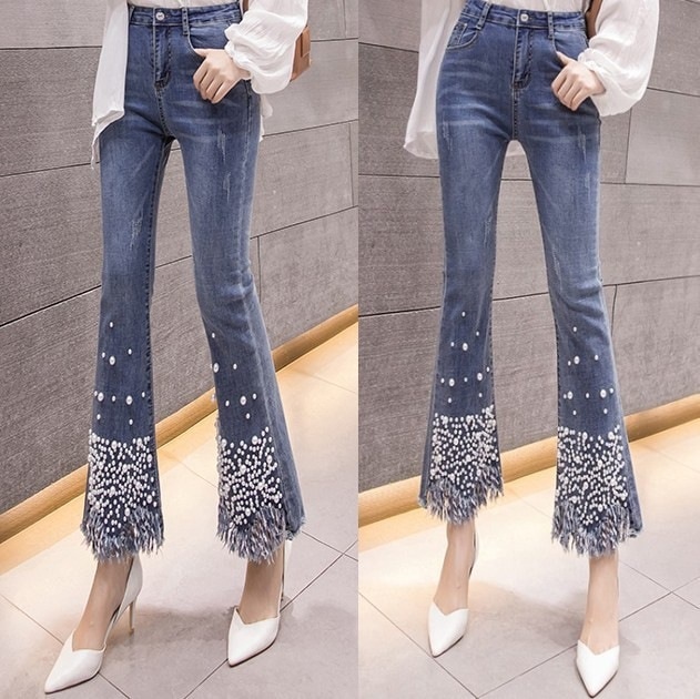 缶パンツビッグパールデニムレディースパンツ韓版フリンジフリンジマイクロフレアパンツ9点フィッシュテ 母の日-0009808