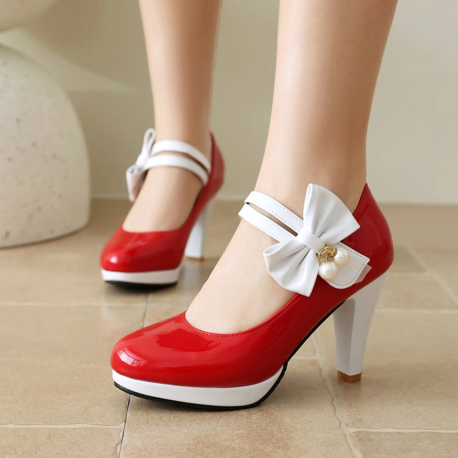 【急速発送】甘めカラーリボンパンプス厚底ダッフルハイヒール