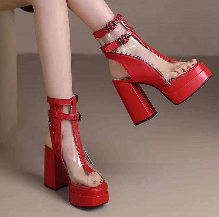 新製品が出回るサマーブーツ　ブーツサンダル クリアサンダル サマーブーツ　ハイヒール レディース キャバ ヒール12cm　クリア　サンダル　パンプス オープントゥ 結婚式 キャバ 美脚サンダル 太ヒー