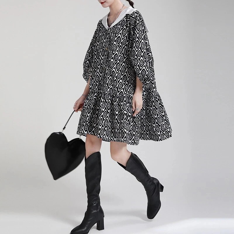 可愛い大きいサイズ愛されドッキングワンピース着痩せワンピースプリントセミロング丈ドレス