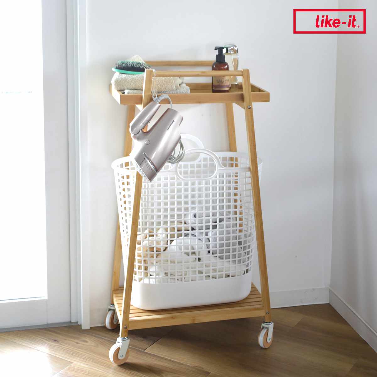 ランドリーワゴン 竹製ランドリーワゴン 2段 バスケット1個セット ランドリー ワゴン バスケット付き ライクイット キャスター付き 竹製 ランドリー収納 洗濯かご ハンドル タオル掛け