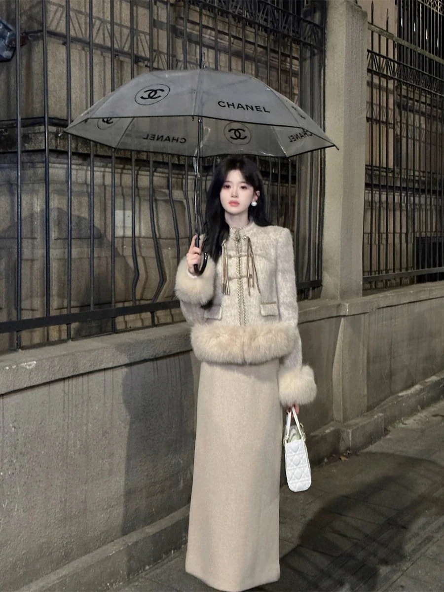 【2枚購入で200円 OFF！急速出荷】レディース秋冬ウールジャケットハーフスカート小さいワンピース2点セット