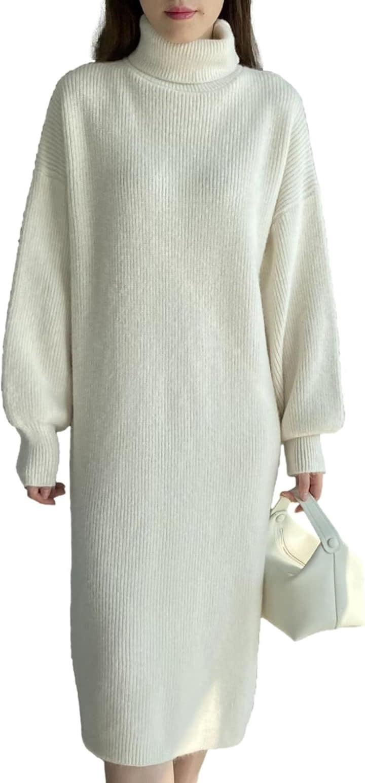 ワンピース レディース ニット タートルネック ドロップショルダー ミディ丈 着まわし エレガント 伸縮性 コンサバ ぽわん袖 ルーム 簡単お手入れ 女性用 大人用 (アイボリー, L)