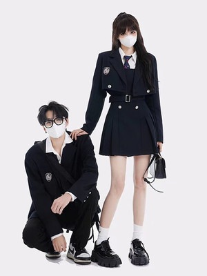 学院風スーツ女性秋冬韓国ドラマ高減齢見えウウスーツ学生ストラップスカート2着JK制服