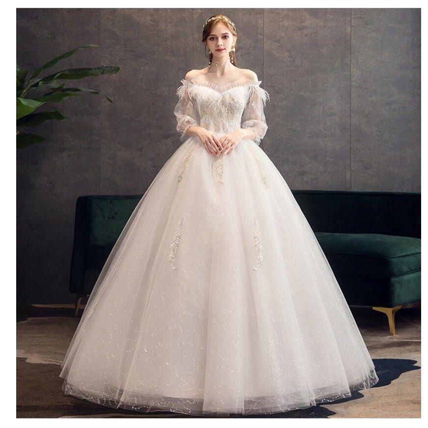 オフショルダー ロングドレス 袖あり ウエディングドレス パーティードレス ステージ衣装 二次会 結