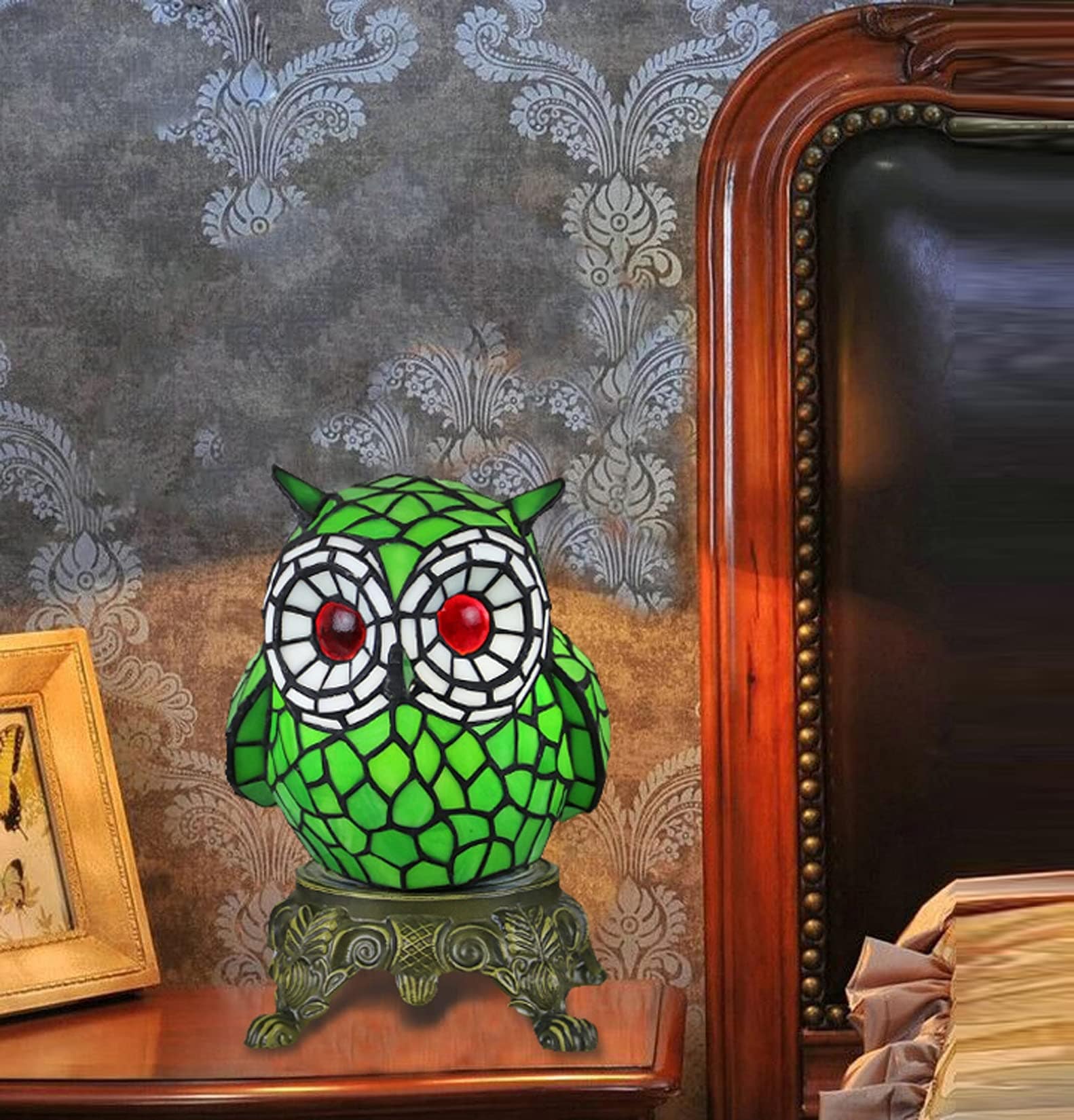スタイルステンドグラス漫画フクロウランプアンティーク動物飾り子供の夜ライトベッドサイドテーブルランプ寝室のリビングルームギフト合金塗料ベース グリーン