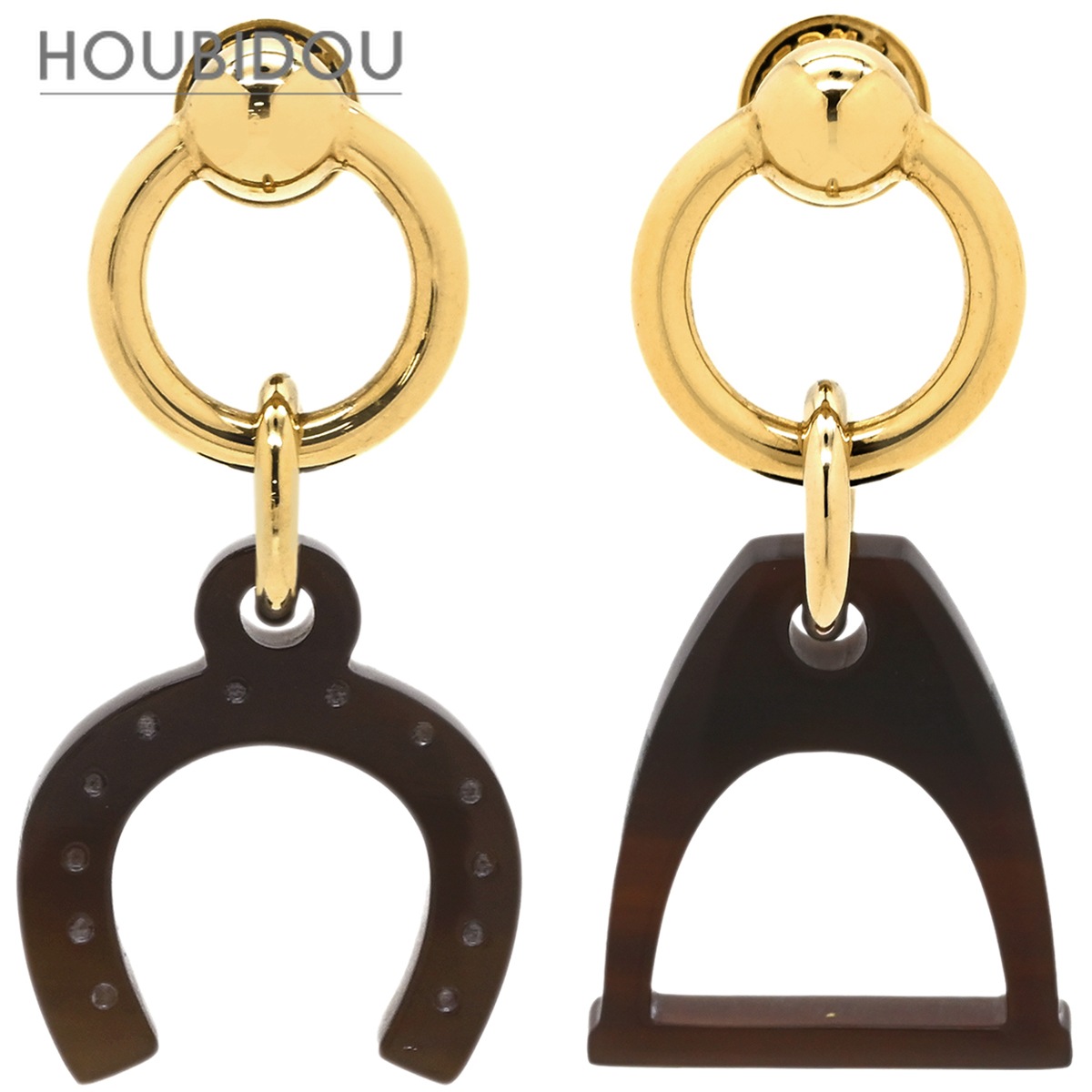 エルメス ピアス アミュレット エスケトル GP バッファローホーン ブラウン×ゴールド 馬蹄 鐙 【箱】【中古】