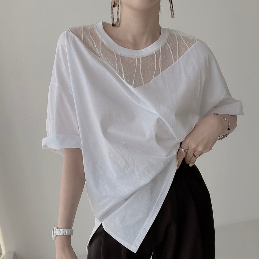 トップス シャツ Tシャツ 袖あり 半袖 ボートネック 襟なし シアー バックプリント 透け感 ドット 細身 ストレート スマート レース かわいい 大人可愛い きれいめ シンプル カジュアル wto