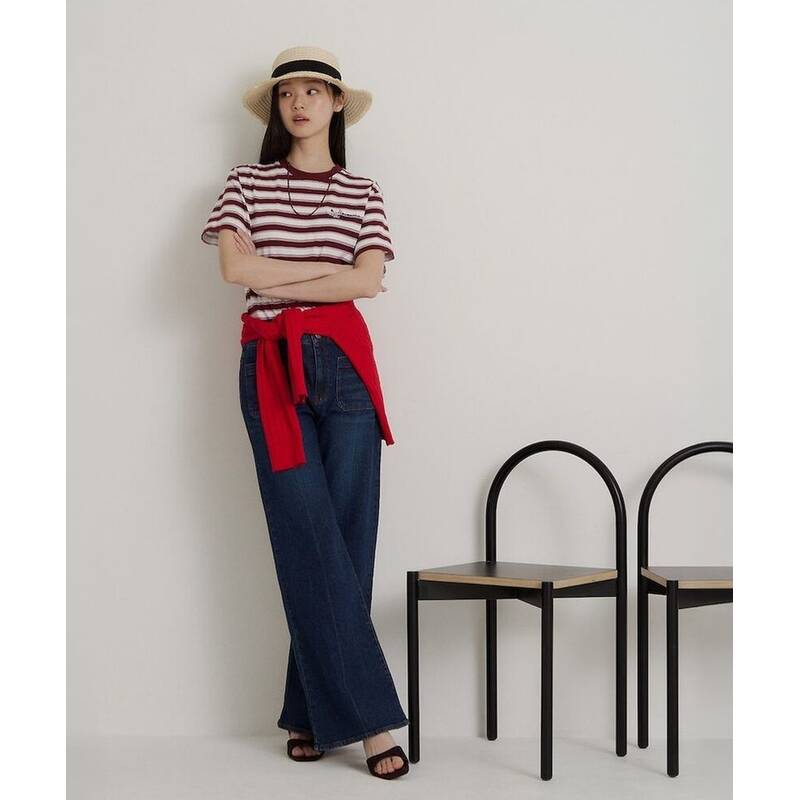 BEANPOLE LADIES ボールドストライプ 半袖 オーバーフィット Tシャツ ワイン (BF6442C15Z) BF6442C15Z 406199