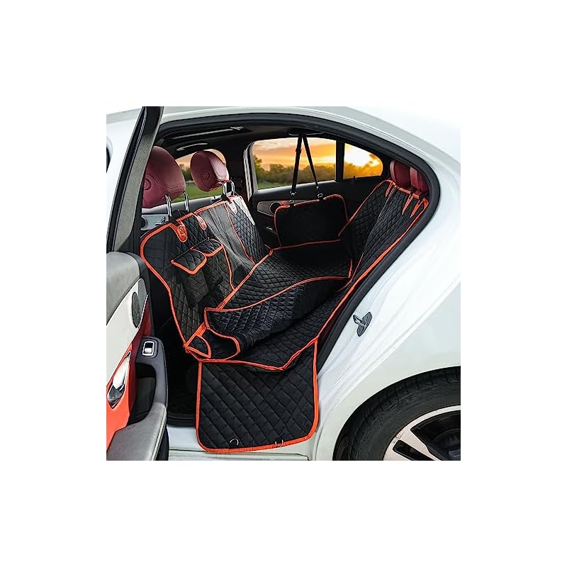 Yullmu 新型ペット用ドライブシート 車用ペットシート 汎用版 全車種 ドッグマット 安全ベルト付き 取り外し可能 簡単インストール 折り畳み式 飛び出し防止 防水 通気 可視メッシュ窓 汚れにく