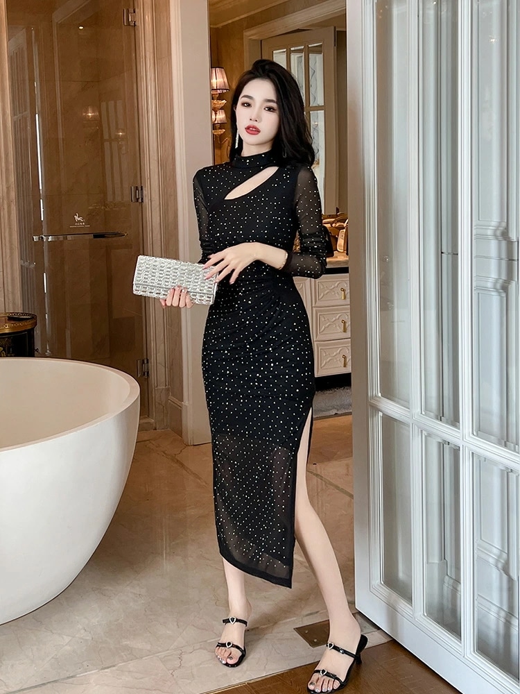 ワンピース 長袖 秋 新作 レディース セクシー ストーン フィット