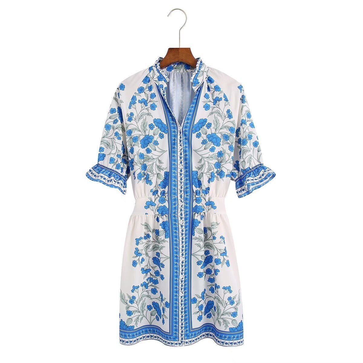 レトロ風 ワンピース 半袖 春夏 かわいい シャツワンピース フレア ミモレ ミモレ丈 7分丈 ミディアム丈 ミドル丈 五分袖 フリル袖 ボリューム袖 袖コンシャス ベルスリーブ Vネック フレア セ