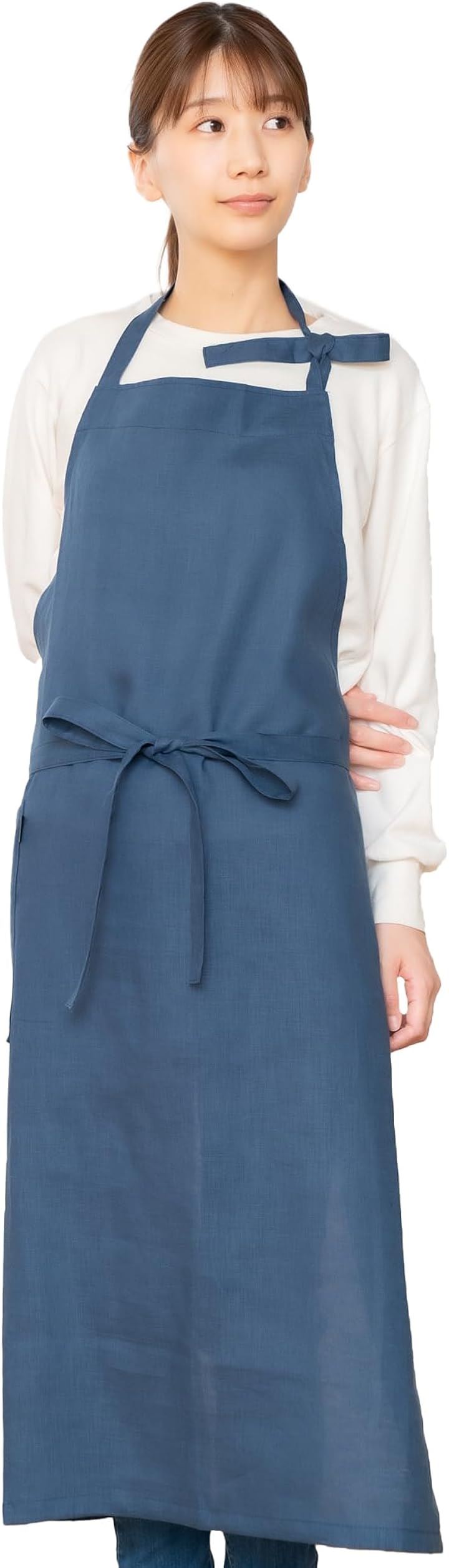 linento リネント エプロン 高級 日本製 レディース メンズ おしゃれ 可愛い カフェエプロン 国内縫製 シンプル 女性( ネイビー, Free Size)