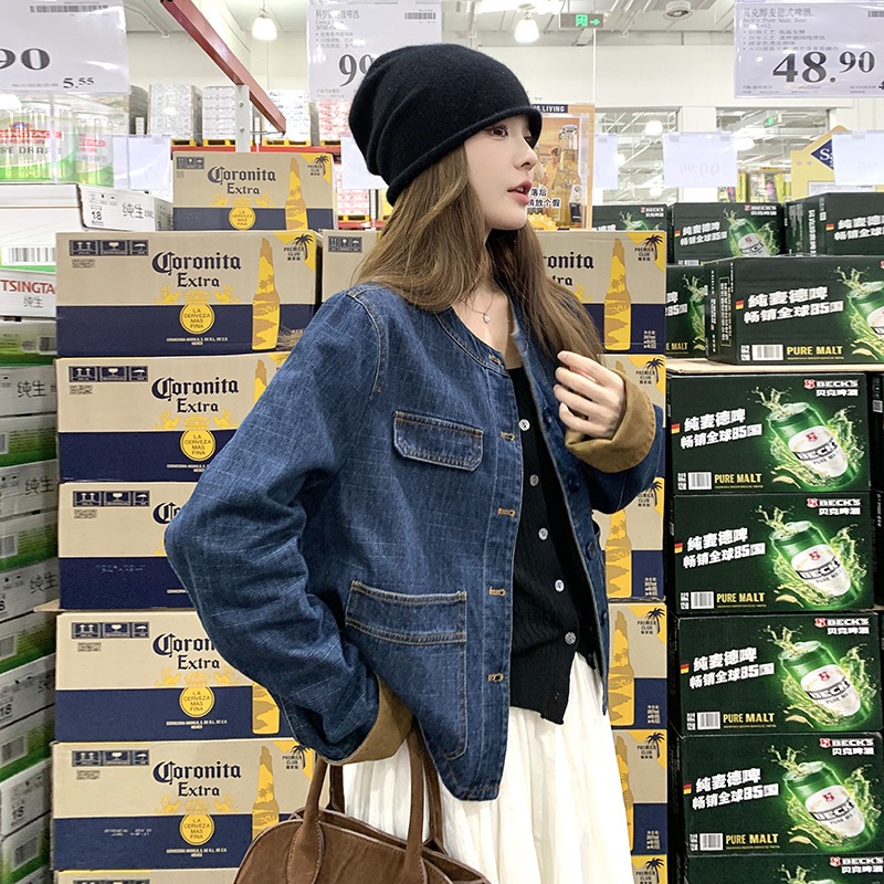 ブルーショートラウンドネックデニムジャケット女性秋新作日本レトロ小さいサイズカジュアル汎用性の高いトップス 6,799円