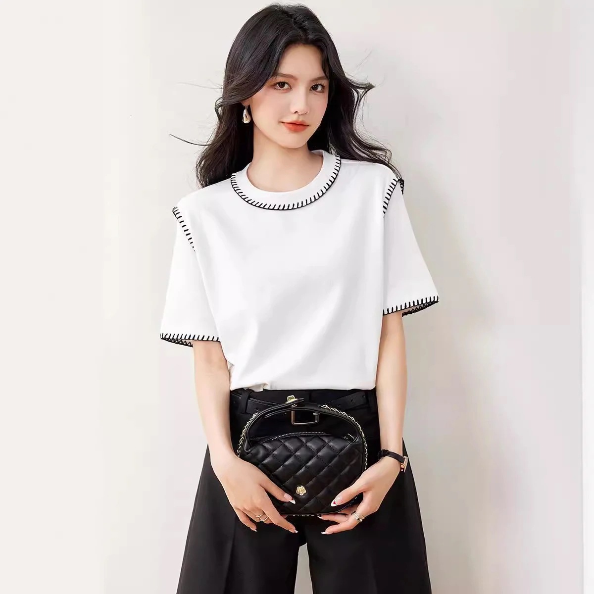 ホワイトシンプルな肩半袖tシャツ夏の新しいゆるいせラウンドネック トップス ティーシャツ