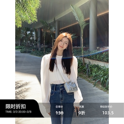 MULVAN白いパフスリーブのシフォンシャツ女性のデザイン感はニッチな雰囲気長袖を2枚重ね着します
