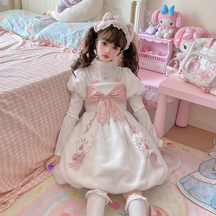 【急速出荷】ロリィタ ワンピース 半袖 秋冬 あったか ボア ロリータ 甘ロリ 肉球 ネコ 猫耳 リボン ゆめかわ ふわもこ もこもこ 姫系 防寒 フリース 動物 ファー コスプレ ろりぃた ゆめかわ