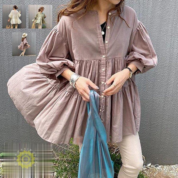 ブラウス シャツ トップス シャツブラウス 前開き レディース 7分袖 スタンドカラー 無地 フリル ギャザー パフ パフスリーブ 体型カバー ゆったり シンプル 夏