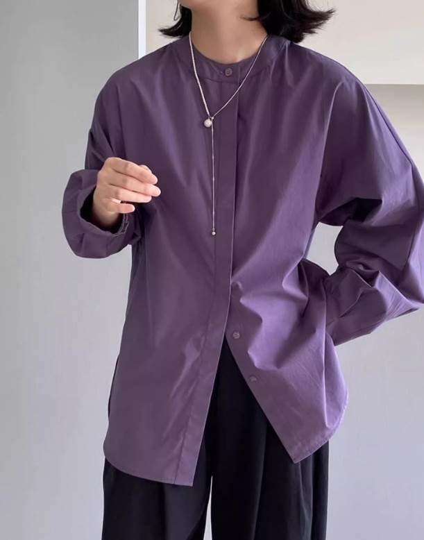 ストレート ノーカラー 長袖 お尻カバー 裾長め 長丈トップス 秋 白トップス 白シャツ ブラウス シャツ レディース