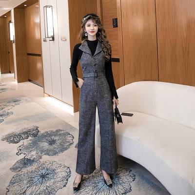 オールインワン トップス セットアップ レディース デート セーター サロペット ストレート パンツ ロング丈 袖あり 長袖 襟付き タイト ストレート Iライン スマート ベルト ウエストマーク ニ