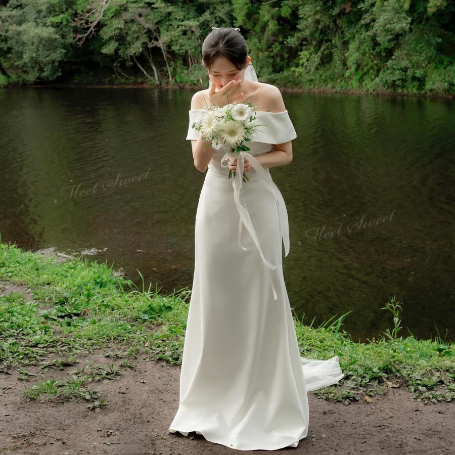 ウェディングドレス マーメイド サテン オフショルダー シンプル ロング 二次会 結婚式 披露宴 前撮り 後撮り 発表会 花嫁 ウエディングドレス エレガント