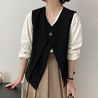 レディース ベスト 上着 トレンチ 前開き アシンメトリー 袖なし ノースリーブ Vネック ストレート ボタン 個性的 クール モード系 エレガント モダン フォーマル 無地 春 秋 誕生日 謝恩会