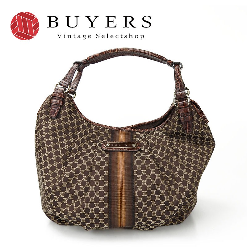 中古 CELINE セリーヌ マカダム柄 ワンショルダーバッグ クロコ型押し 肩掛け レザー ゴールド金具 キャンバス ブラウン 茶 BROWN レディース hand bag logo canvas