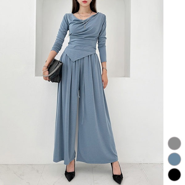 セットアップ レディース トップス 長袖 ロング パンツ ツーピース ワイドパンツ 上品 きれいめ 春 秋 韓国 to27841セットアップ