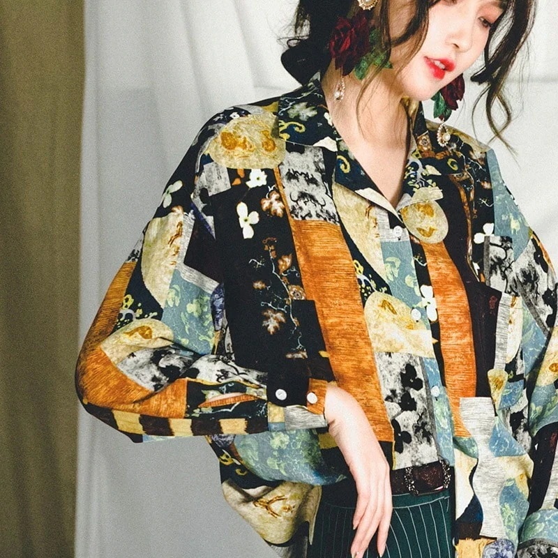 シャツ ブラウス 長袖 レトロ 油絵絵画 ヴィンテージ 合わせやすい オリジナル 着痩せ