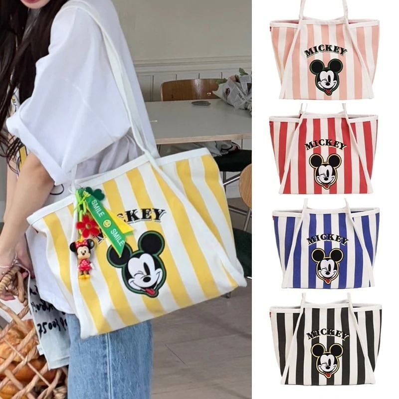 正規品 ミッキー バッグ トートバッグ ショルダーバッグ 大きめ 韓国 大容量 キャンバス ストライプ ミッキーマウス グッズ バッグ エコバッグ キャラクター かわいい