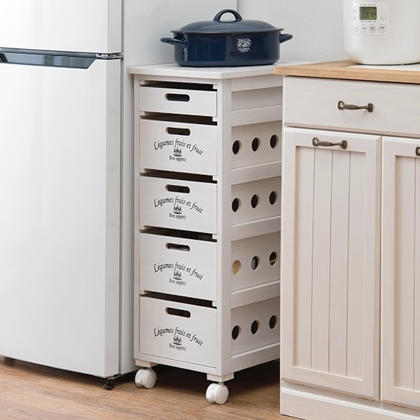 【完成品】 木製 野菜ストッカー　キッチンワゴン キャスター付き キッチンストッカー ゴミ箱 木製 すきま収納 隙間収納 幅30cm 5段 サニタリーラック ランドリーラック