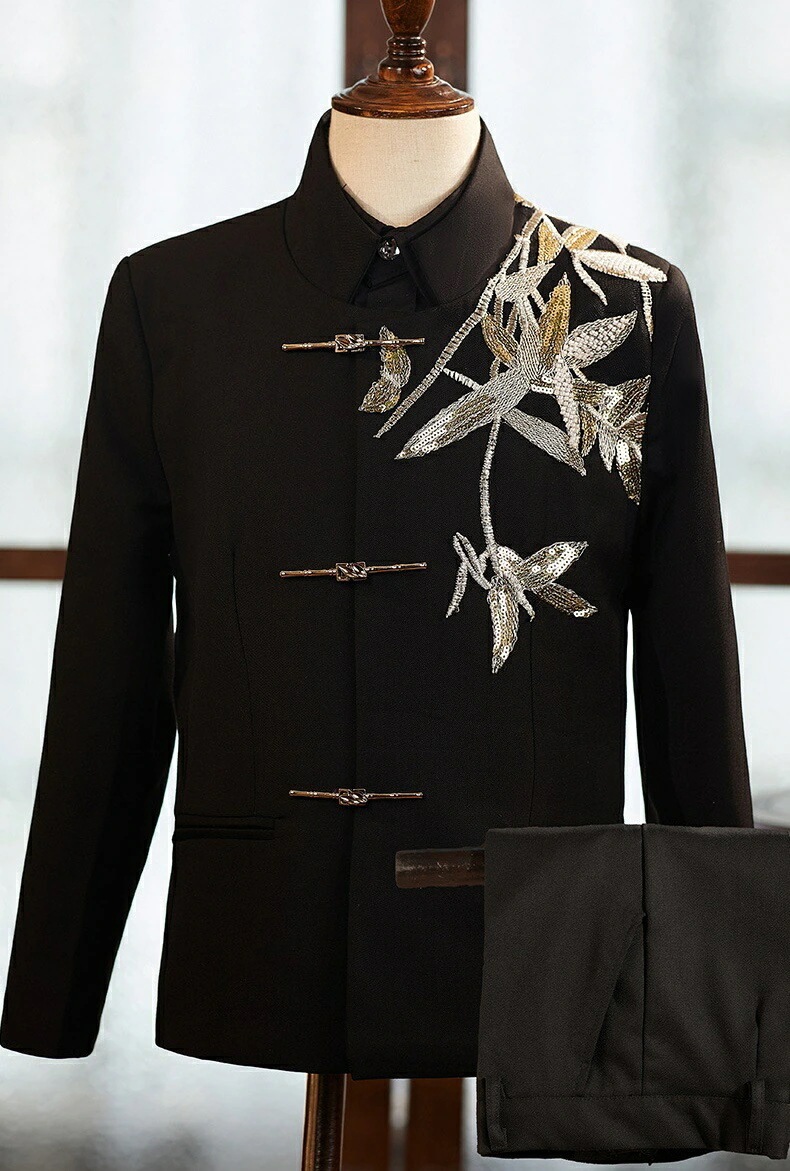 黒 中華風スーツ 男の子ステージジャケット 舞台スーツ スパンコール 竹葉刺しゅう パンツ スーツセット キラキラ ピアノ演出服 結婚式 発表会 舞台撮影 制服 パーティー イベン