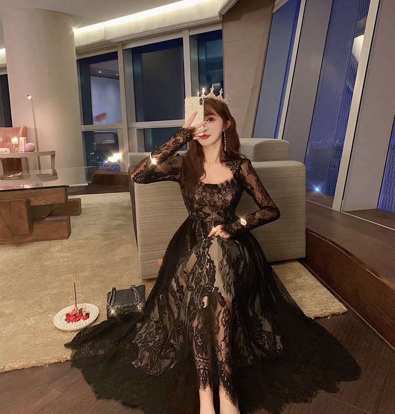 韓国ファッション2022春ロング レースワンピース 結婚式同窓会 お茶会-692