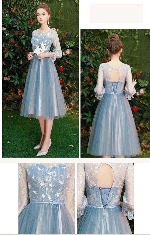 披露宴 袖付き カラードレス 同窓会 40代 20代 ブライズメイド 大人 ピアノ発表会 女子会 パーティードレス 30代 謝恩会 ドレス 結婚式 ミモレ丈 ブルーワンピースドレスドレス