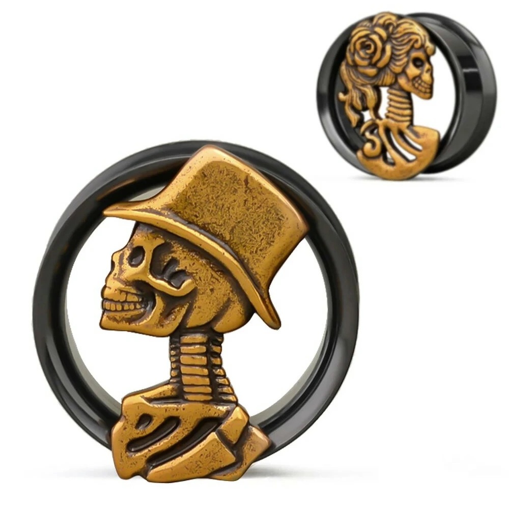 ボディピアス スカルの結婚式ウエディングダブルフレア ステンレス 新郎新婦の1ペアセット 黒色 ゲージ 0G 00G 12mm ラージホール 大きい 仮装 コスプレ 骸骨 hd895xxxxxxxx