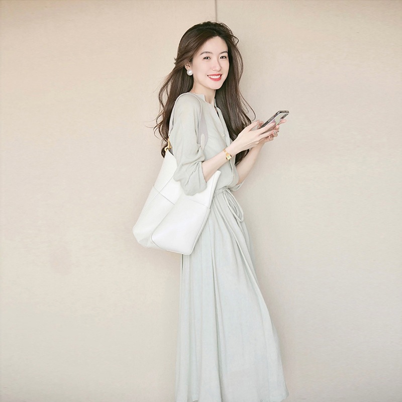 シャツワンピース ロング レディース 春 ワンピース マキシ丈 長袖 きれいめ 無地 体型カバー 前長袖ロング・マキシ丈ワンピ