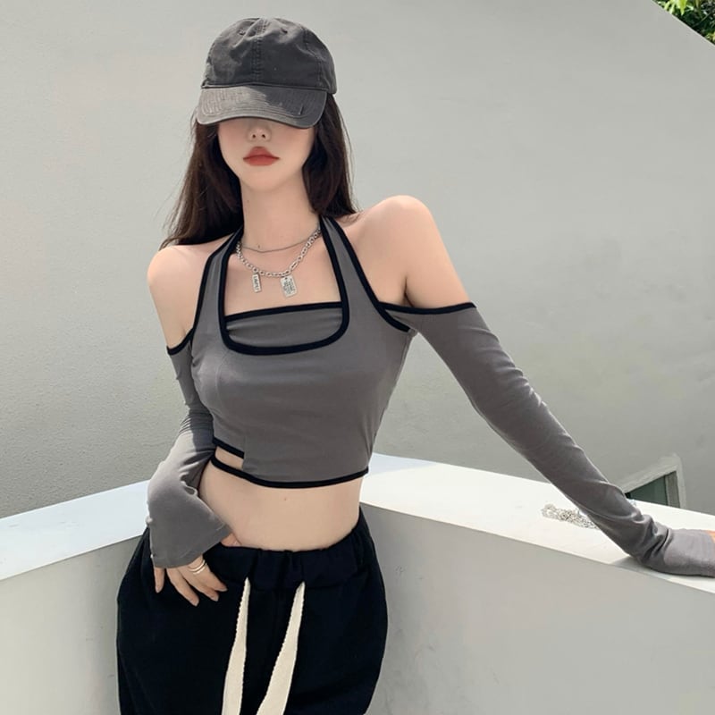 3色 トップス カットソー Tシャツ l ロンT ホルダーネック グレー 白 黒 ホワイト ブラック 長袖 ショート丈 おしゃれ 襟なし カジュアル 可愛い こなれ感 コーデ 通学 学生 通