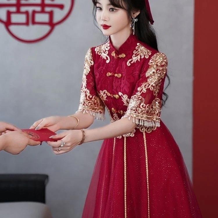 レースチャイナドレス花嫁用乾杯スーツ立ち襟婚約ホームカミングドレスロングウェディングドレス着痩せ