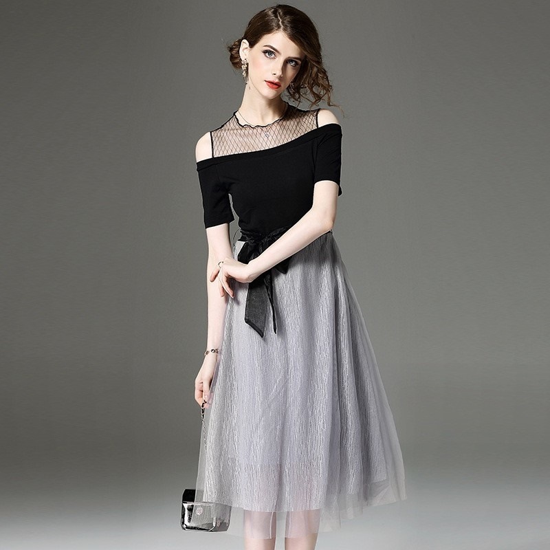 1913.バイカラーリボンワンピース 2019 春夏 sale ドレス シフォン シースルー ミディアム 半袖 エレガント お呼ばれ パーティー 結婚式 披露宴 女子会 レストラン デート 100,000円