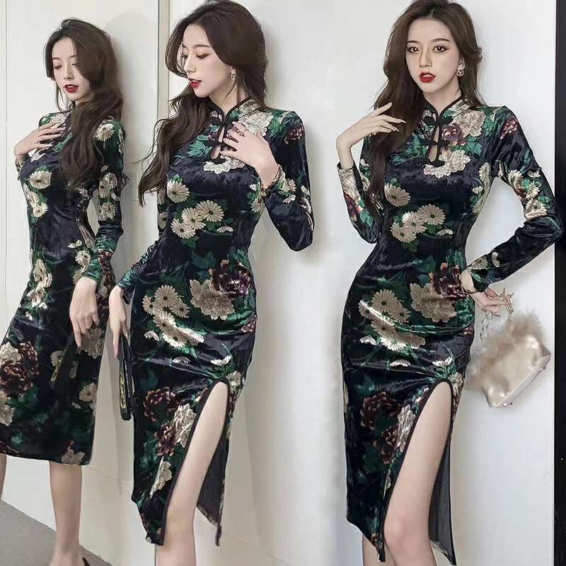 金色花柄 長袖 ロング丈 ストレッチ パーティードレス(T)