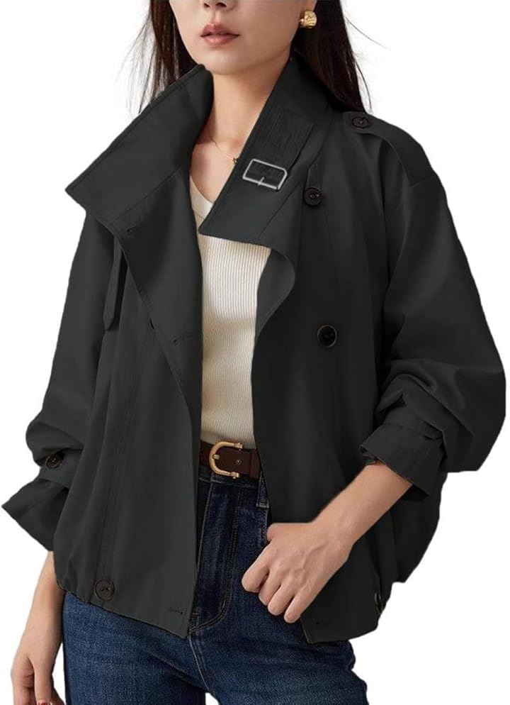 ショートアウター レディース トレンチコート 裏地付き 立ち襟 長袖 裾ゴム エポレット アームベルト ハリ素材 春秋 BB071(ブラック, XL)
