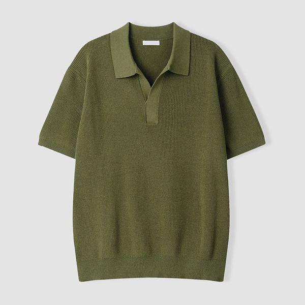 メンズ ハチ オープン カラーネック オーバーフィット 半袖 ニットTシャツ AS KNH Q018 カーキ_P422498520