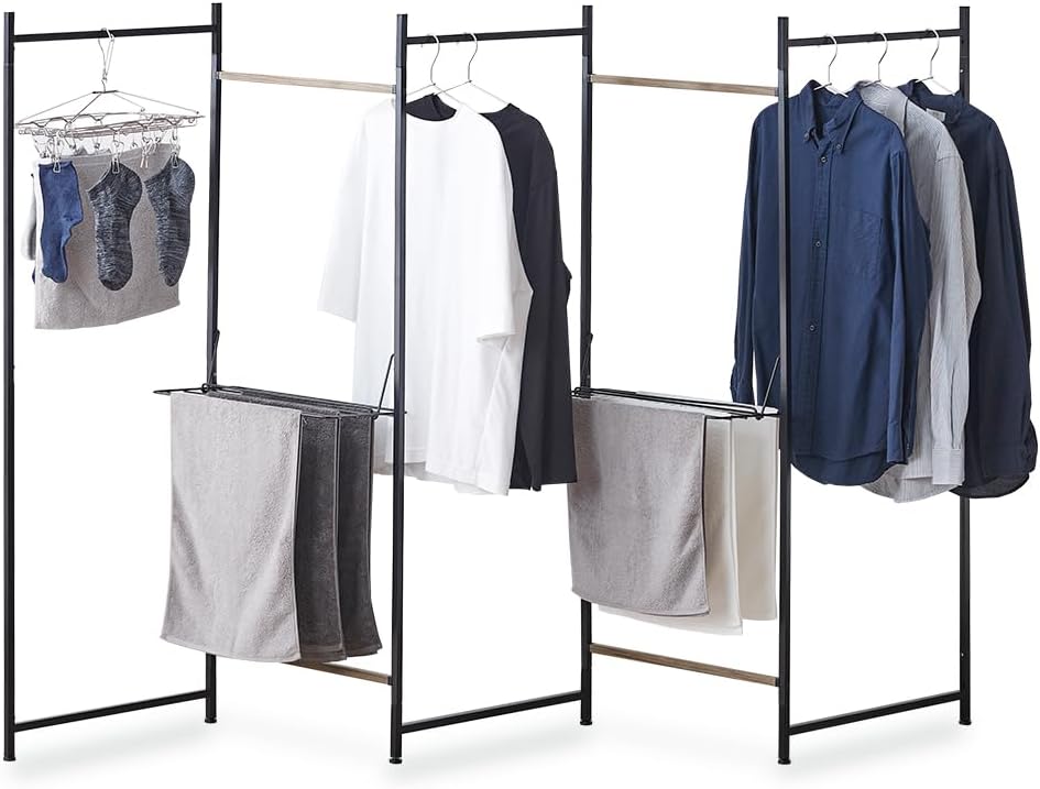 折りたたみ物干し 物干しラック 5連 ブラック 幅250×奥行24 シンプルなデザイン 変形可能な屏風型 コンパクトかつ機能的 １度に干せる目安：シャツ15枚/バスタオル1枚/フェイスタオル12枚/ピ
