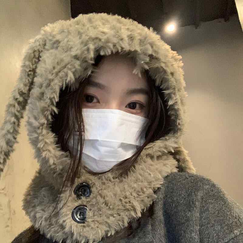 帽子 レディース 秋冬 韓国 フードウォーマー バラクラバ ウール 防寒 暖かい ウサギ耳 ボタン 個性的 かわいい 紫 黒 ベージュ