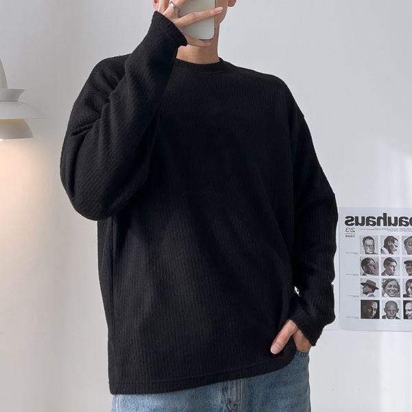 メンズ リブ編み ルーズフィット 起毛 ラウンド Tシャツ 5C TSK Q107 ブラック_P408560367