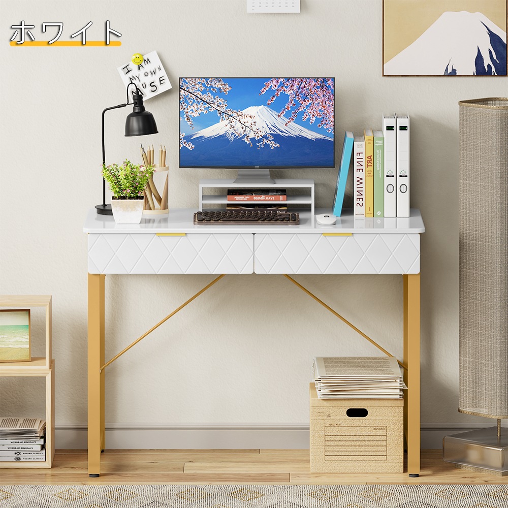 化粧台 ドレッサー デスク 幅100cm ホワイト コンパクト オフィステーブル 引き出し付き ラック付き 机 木製 北欧 おしゃれ かわいい 木製ドレッサー ベッドルーム オフィス 勤務用 パソコン
